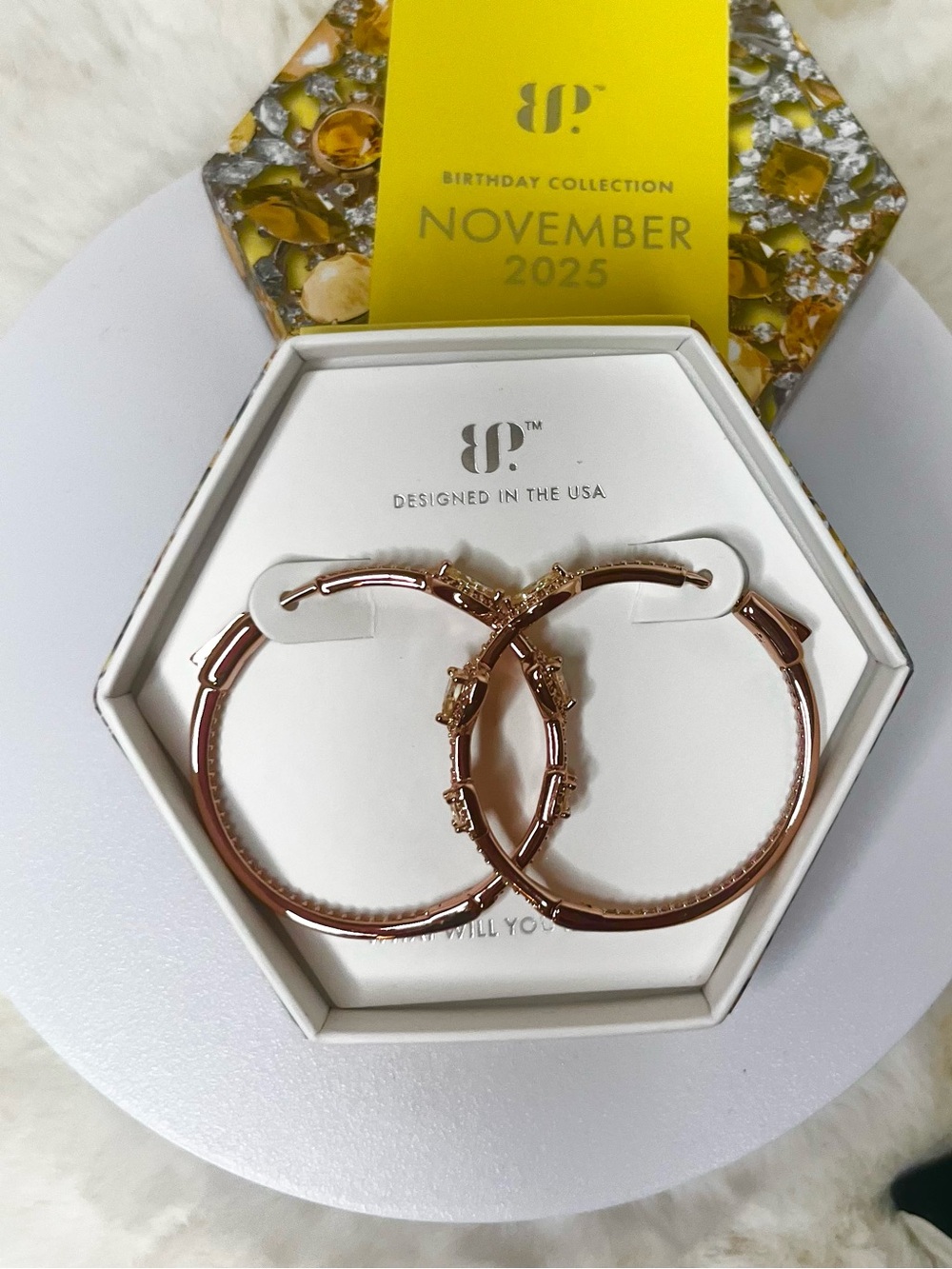 Bomb Party Rose Gold Hoop Earrings with Citrine Stones